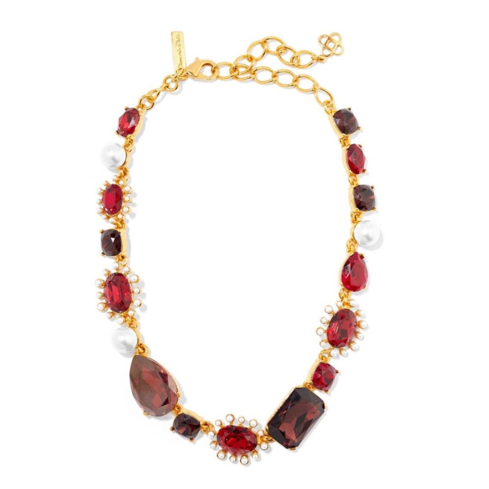 Oscar de la Renta Faux Pearls and Red Crystals Runway Necklace